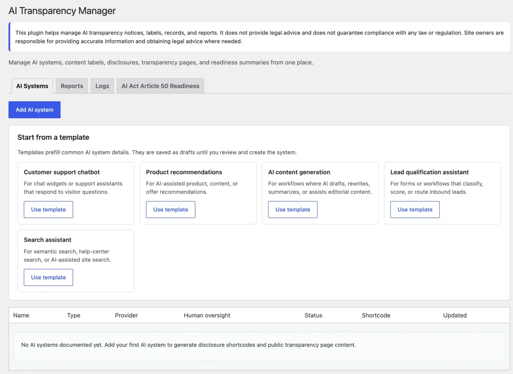 AIVOW Lite dashboard in WordPress admin