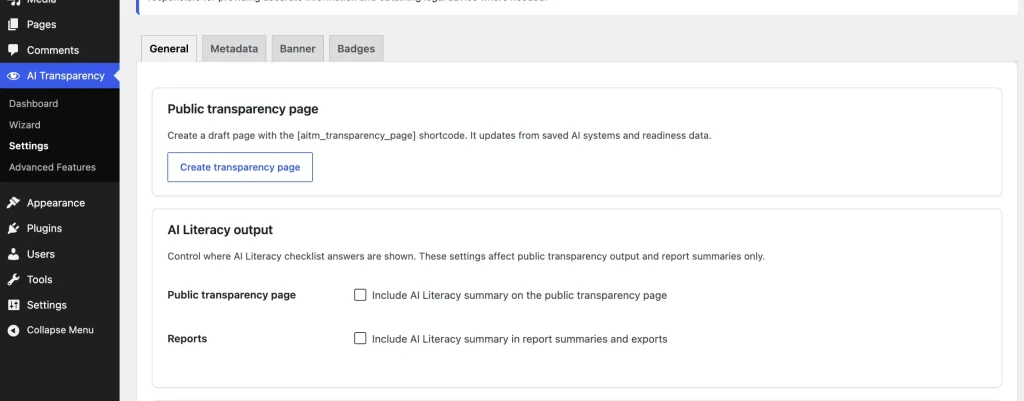 Transparency page settings with the draft creation action in AIVOW Lite