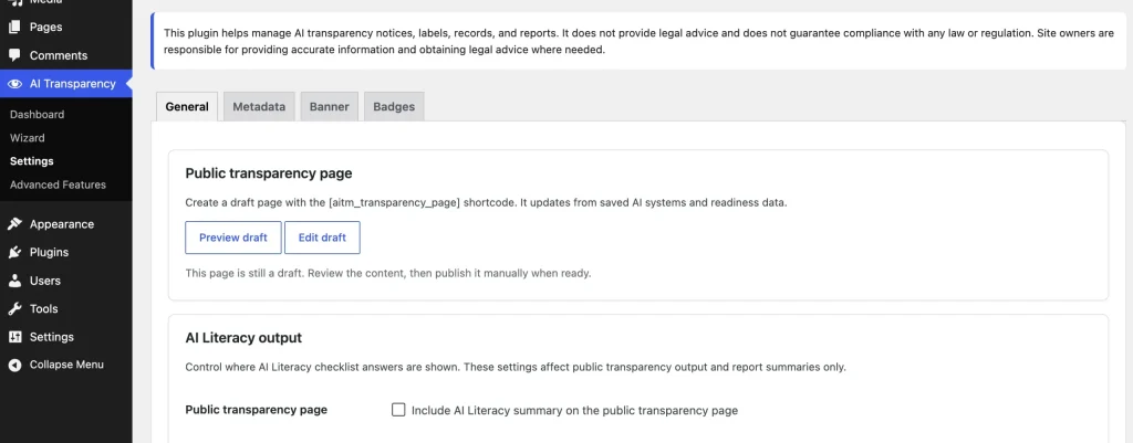 Generated AI transparency page opened as a WordPress draft