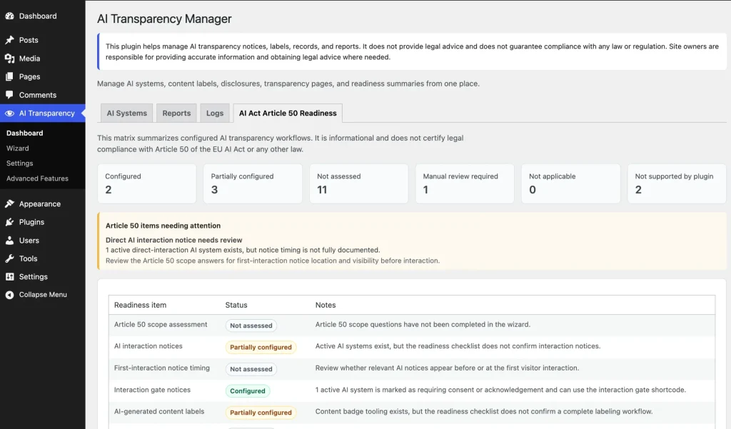 Article 50 readiness matrix with summary counts and row statuses