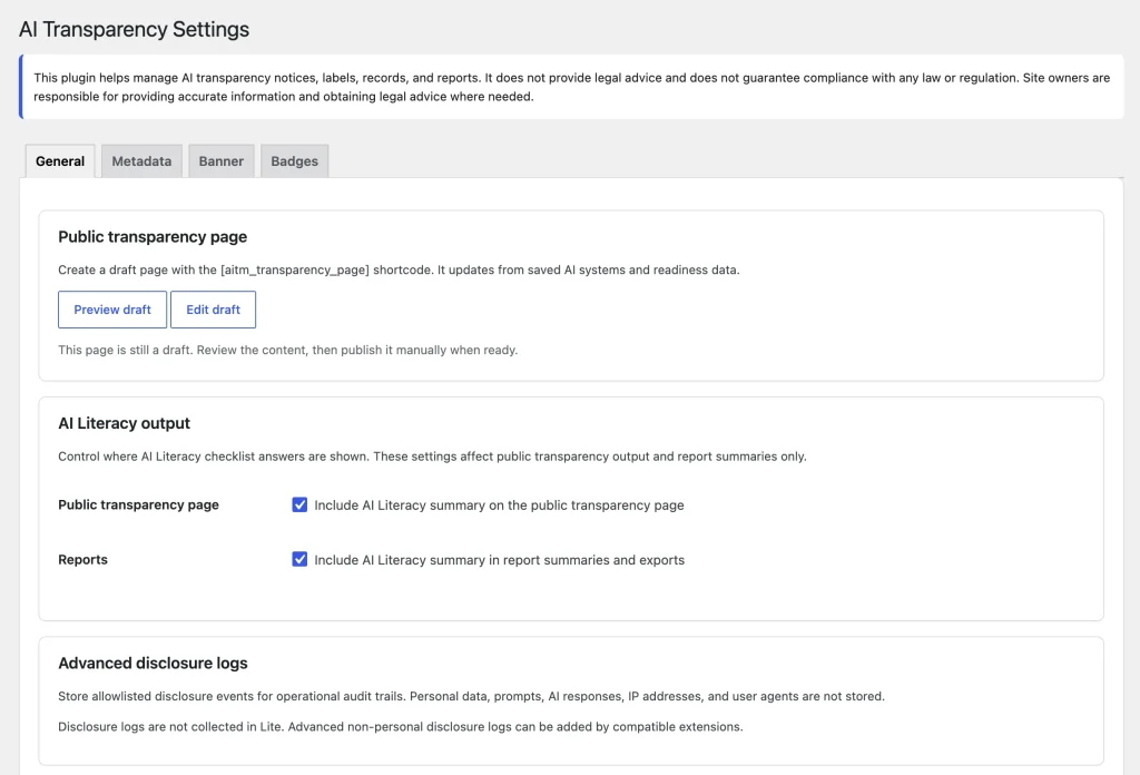 AI Literacy summary visibility settings in AIVOW