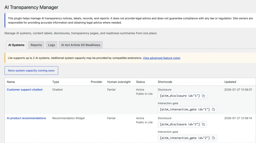 AIVOW AI Systems Registry showing Active, Draft, and Inactive systems with disclosure shortcode controls
