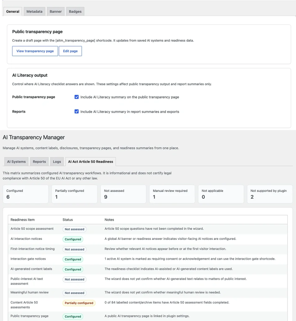 AI transparency page and Article 50 readiness matrix in AIVOW Lite