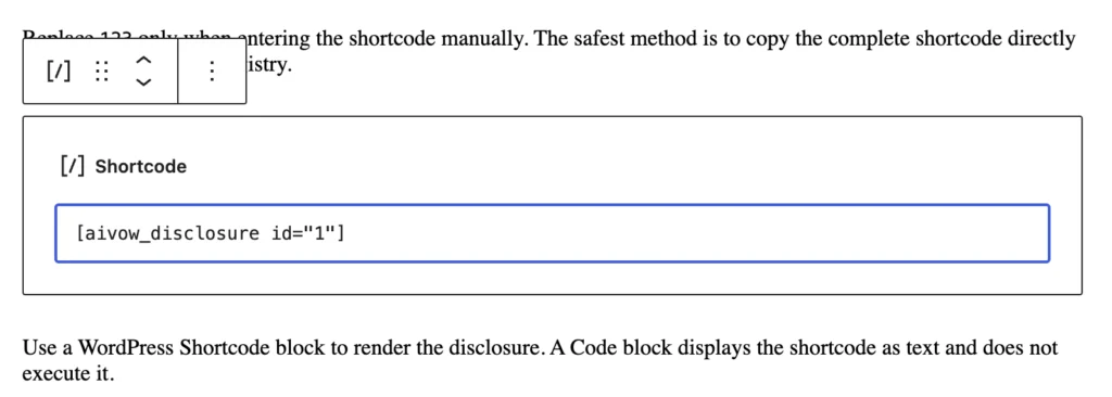 AI disclosure shortcode added to a WordPress Shortcode block