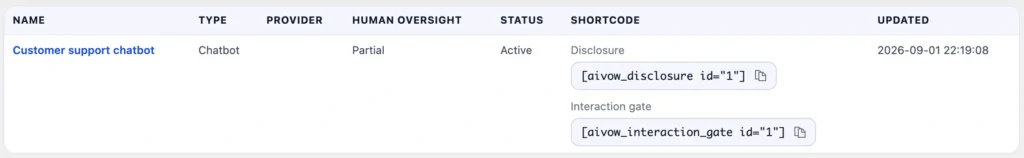 Disclosure shortcode chip in the AI Systems Registry