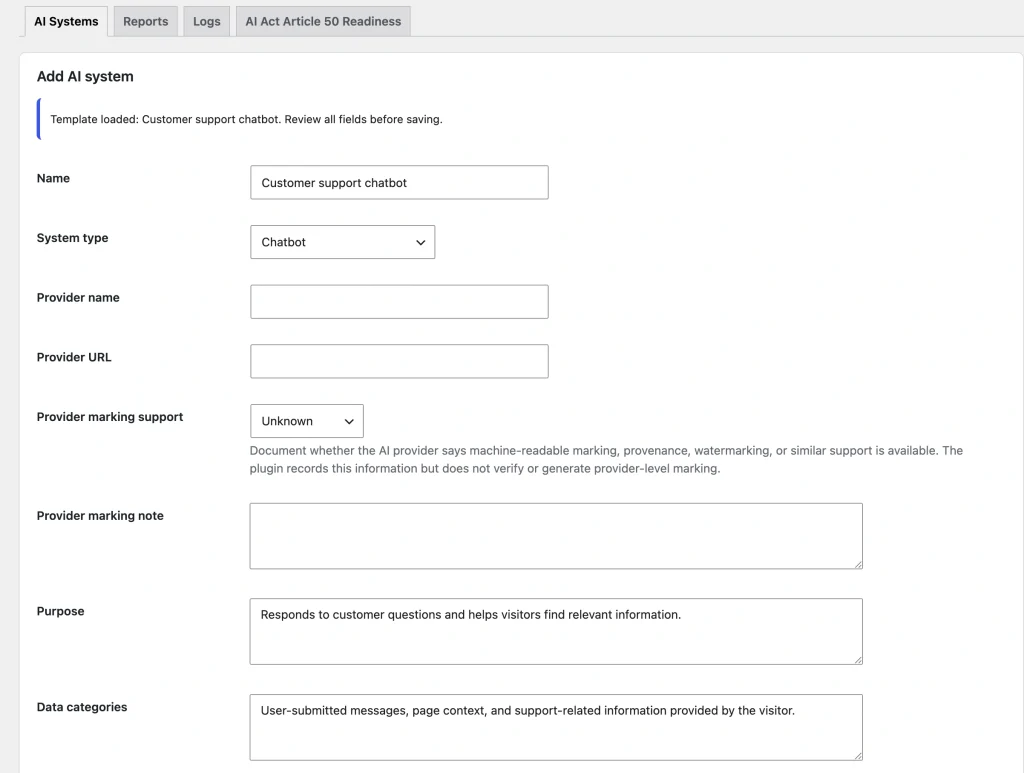 AI system creation screen with built-in template and custom record options