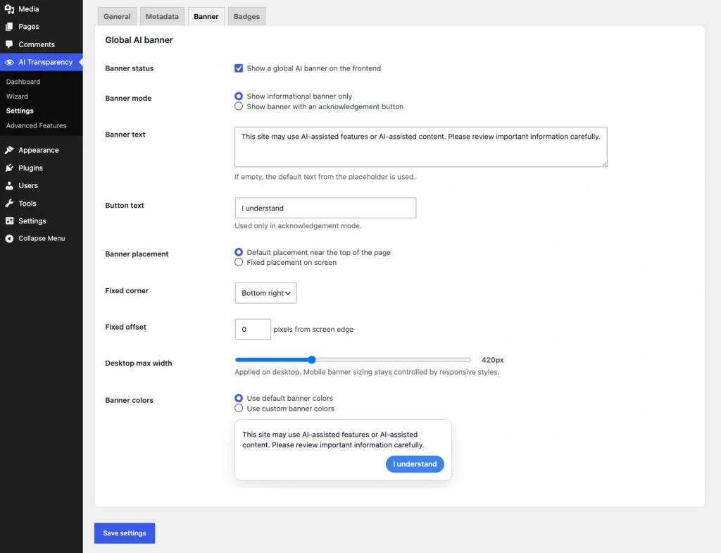 Global AI banner settings and live preview in AIVOW Lite