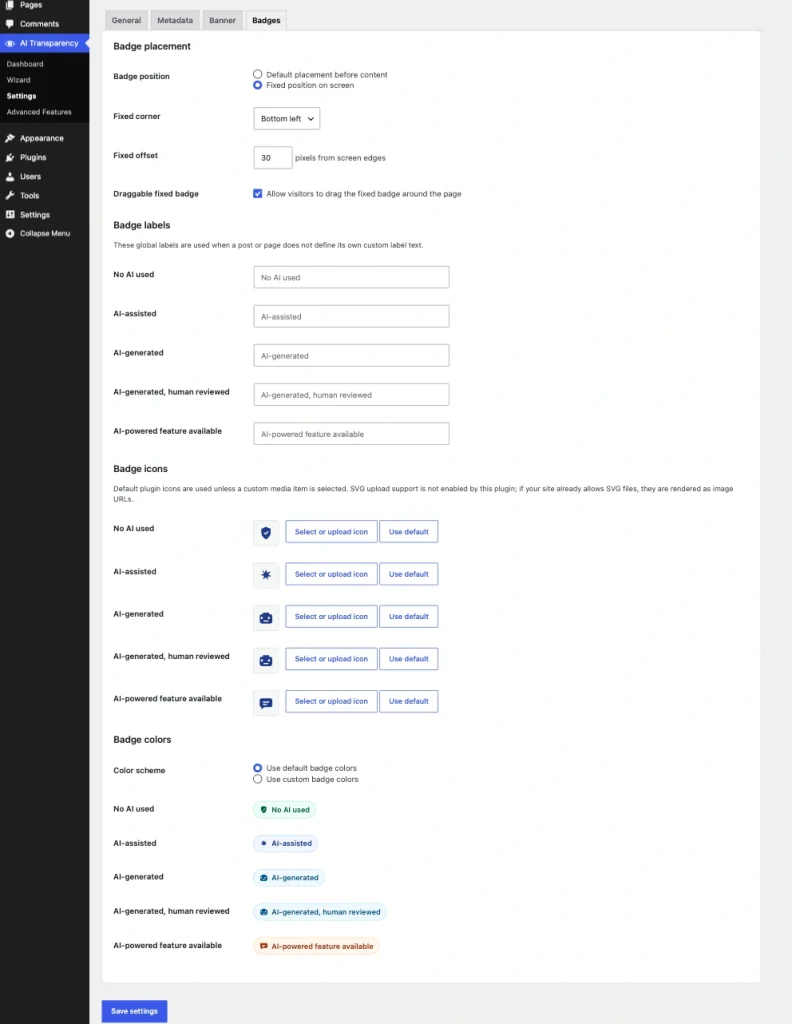 Global badge appearance settings in AIVOW Lite