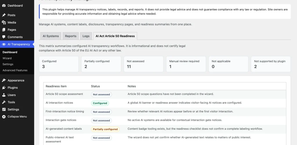 Article 50 readiness table showing unresolved rows