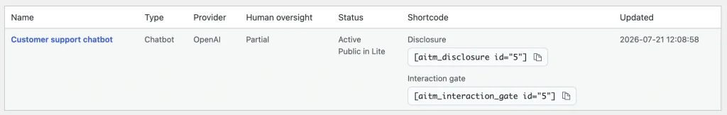 Disclosure shortcode chip in the AI Systems Registry
