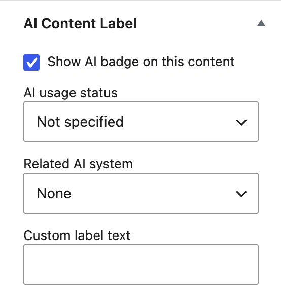 AI Disclosure Settings panel with the content badge enabled