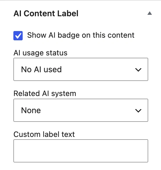 AI usage status selector in the AI Disclosure Settings panel