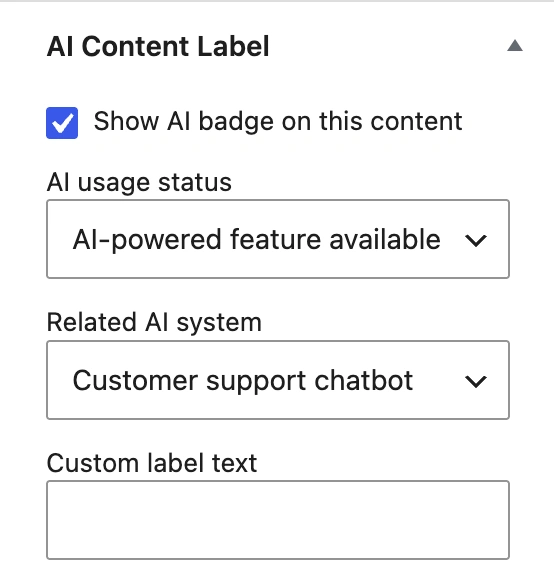 AI Disclosure Settings panel with a related AI system selected