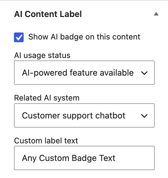 Custom badge text field in the AI Disclosure Settings panel